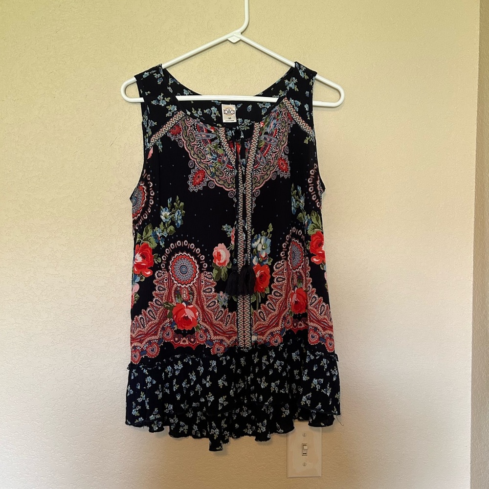 Bila Floral Paisley Black Sleeveless Tank Top with Red Roses